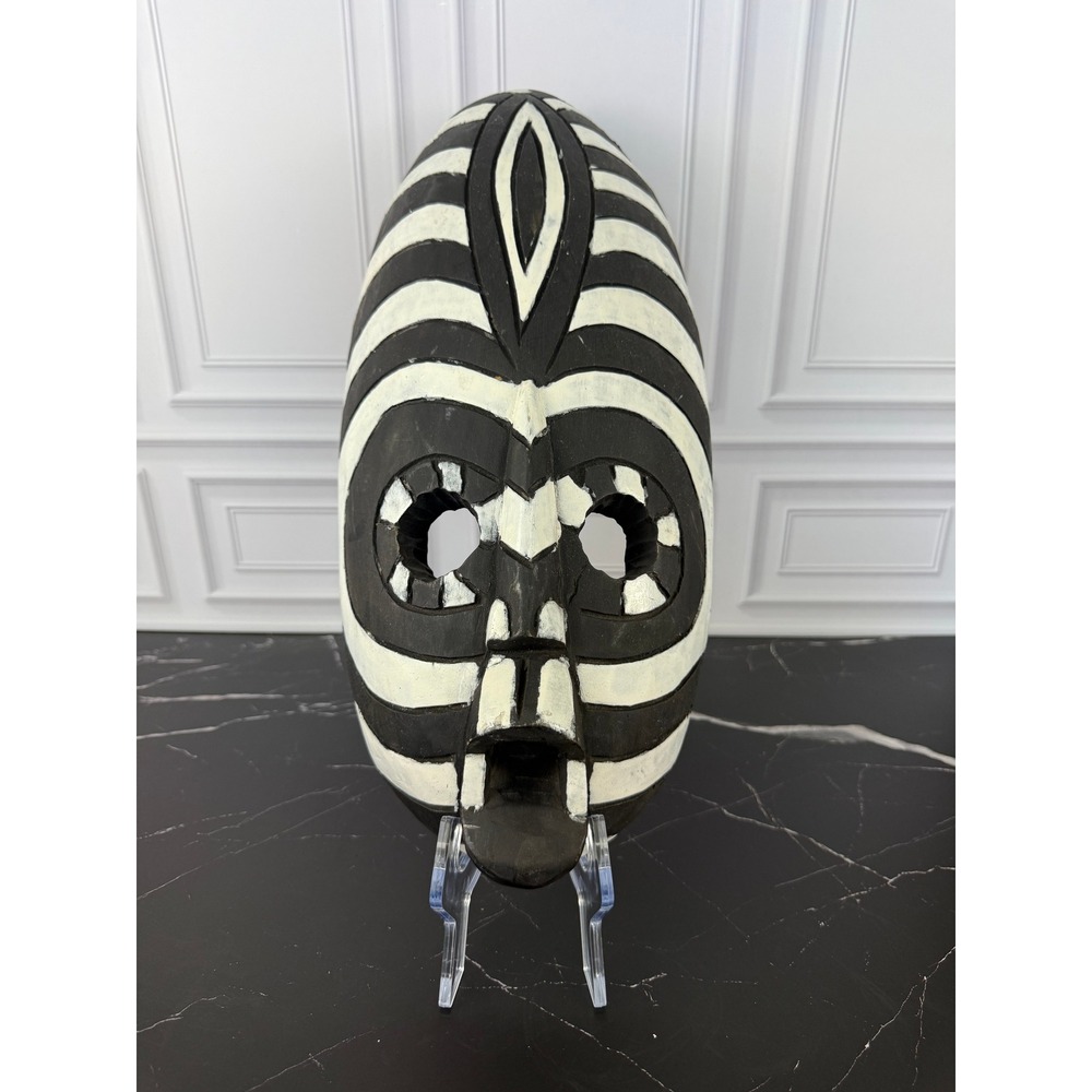 Hand Carved Wooden African Zebra Tribal Ghanian Large Mask 17" X 7.5"
